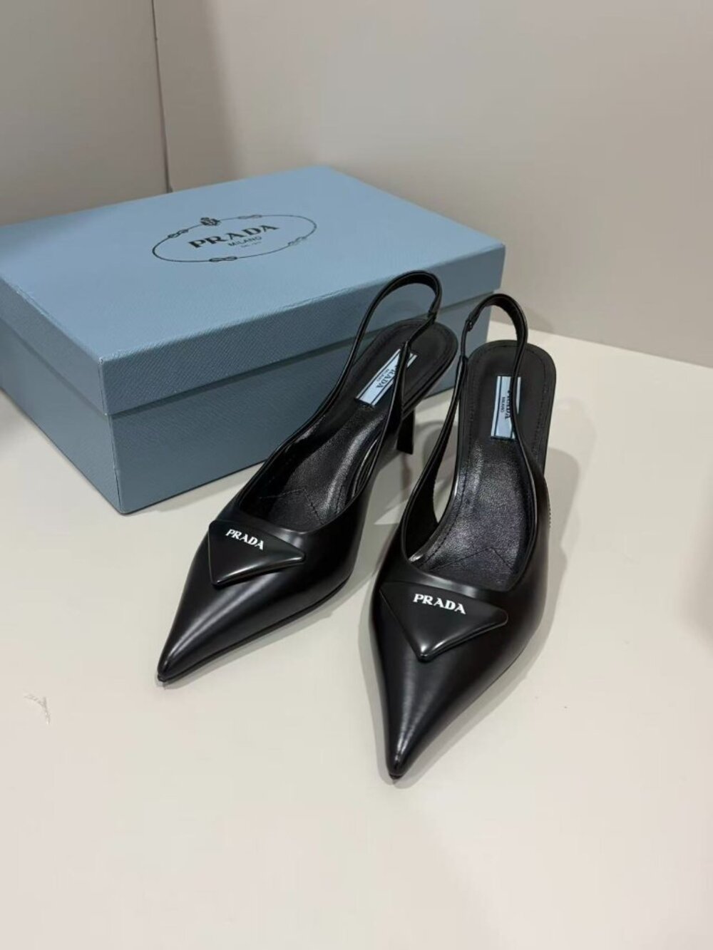 Prada Black Leather Slingback Pumps Triangle Logo Pointed Toe Stiletto Heels